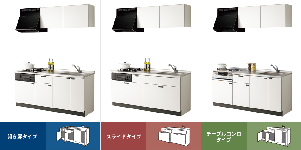 コルティの3つのタイプ「ベーシック」「足元収納」「フリーコンロ」を紹介する画像です。使い勝手や装備などによって選べます。