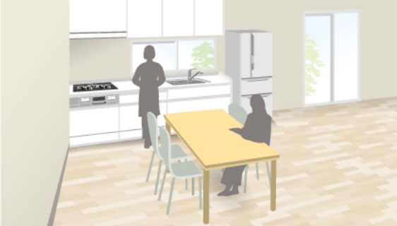 ダイニングとの一体空間で広々。壁付けキッチンは吊戸棚が付けられるので、高い収納力が魅力です。