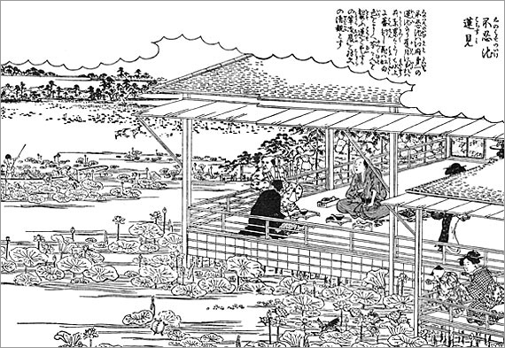 『江戸名所図会』 不忍池 蓮見 (不忍池は江戸第一の蓮池なりと記されている)