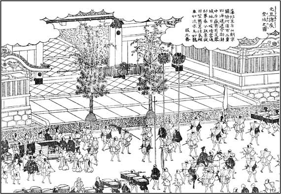 『江戸名所図会』元旦諸侯登城之図(向こう側の大名屋敷門前には一対の門松が立てられている)
