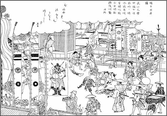 『東都歳事記』端午市井図(たんごしせいのず)　粽売り(下部)や柏餅を道に落としてしまった男もいる