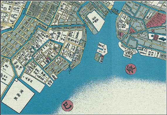 『御江戸大絵図』部分　天保14年(1843)　右上部の太い川が隅田川、河口の島の中に「石川」「佃島」が読める