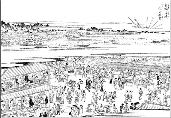 『江戸名所図会』高輪海辺 七月二十六夜待ち(月が出るところなので、夜中の1時～2時頃の様子か)