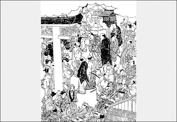 『東都歳事記』芝明宮祭礼　(鳥居の手前に生姜売りが店を出している)