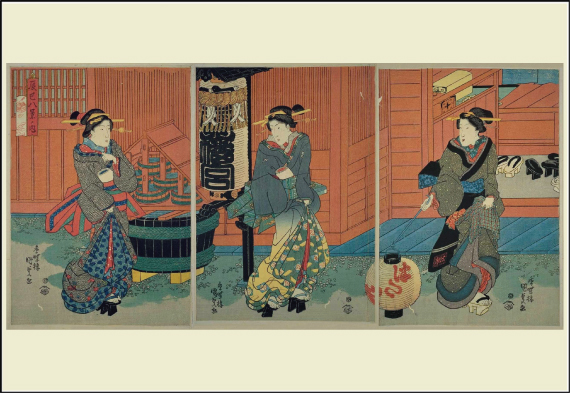 『岡場所錦絵　辰巳八景ノ内』　香蝶楼国貞　(遊郭で使うぶら提灯は通常より大きい。後ろは高張提灯)
出典：国立国会図書館貴重書画データベース