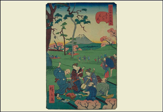 『江戸名所道戯尽　五　飛鳥山の花見』　広景　(左に見える石碑は今も残る飛鳥山碑)出典：国立国会図書館貴重書画データベース