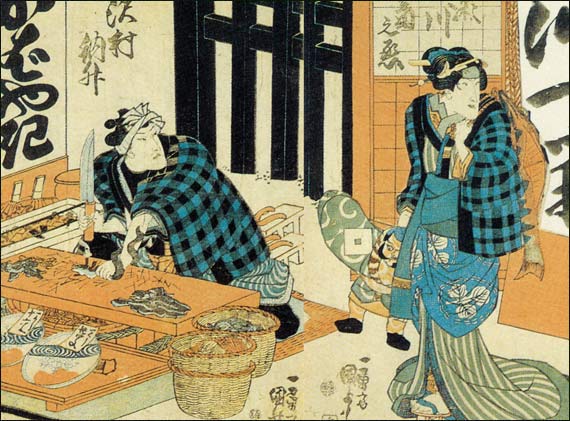 『役者尽くし』國芳　右上に「以づ栄(伊豆栄)」、左上に「かばや起(蒲焼)」(伊豆栄 浮世絵コレクションより)