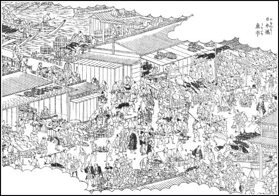 『江戸名所図会』日本橋魚市　(大正12年の関東大震災まで日本橋室町一帯に魚河岸があった)