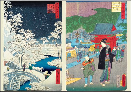 『名所江戸百景　目黒太鼓橋夕日の岡』広重　　『江戸自慢三十六興　目黒不動餅花』広重、豊国
出典：国立国会図書館貴重書画データベース